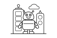 Robotas futuristiniame mieste – judraus roboto spalvinimo paveiksliukas