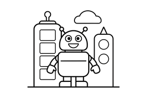 Robotas futuristiniame mieste – judraus roboto spalvinimo paveiksliukas