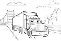 Sunkvežimis važiuoja per tiltą – miesto sunkvežimių spalvinimo paveiksliukas