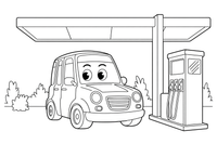 Automobilis degalinėje – automobilių mieste spalvinimo paveiksliukas