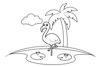 Flamingas po palme – flamingų tvenkinio spalvinimo paveiksliukas