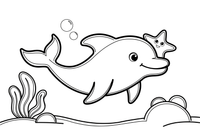 Delfinas su drauge jūros žvaigžde – žaismingo delfino spalvinimo paveiksliukas