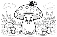 Mažas grybukas su boružėle ant kepurėlės – miško grybų spalvinimo paveiksliukas