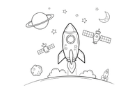 Kosmoso vaizdas su kosmine stotimi, palydovu ir raketa – kosminės technikos spalvinimo paveiksliukas