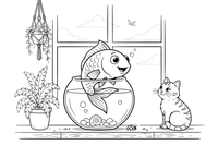A goldfish peeking out of a fishbowl – Goldfish coloring page