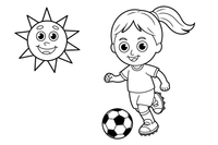 Mergaitė varosi kamuolį per aikštę – energingo futbolininko spalvinimo paveiksliukas