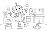 Kampuotas robotas su kvadratine galva ir antena – judraus roboto spalvinimo paveiksliukas