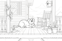 A dog resting on the farmhouse porch – Farmhouse coloring page