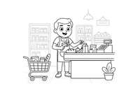 Kasininkas skenuoja prekes prie kasos – jaukios maisto parduotuvės spalvinimo paveiksliukas