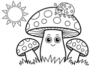 Mažas grybukas su boružėle ant kepurėlės – miško grybų spalvinimo paveiksliukas