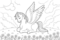 Pegasas miega gėlių pievoje – stebuklingo Pegaso skrydžio spalvinimo paveiksliukas