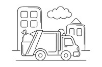 Šiukšliavežis, kraunamas pro galinę dalį – miesto transporto spalvinimo paveiksliukas