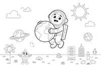 Astronautas apkabina planetą Žemę – astronauto spalvinimo paveiksliukas