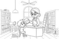 Visos bibliotekos vaizdas su aukštomis lentynomis, stalais, skaitančiu vaiku ir bibliotekininku – jaukios bibliotekos spalvinimo paveiksliukas
