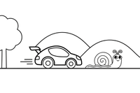 Greitas lenktyninis automobilis lekia šalia lėtos sraigės, paliekančios pėdsaką – priešingybių spalvinimo paveiksliukas