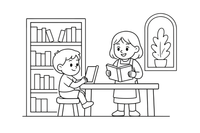 Visos bibliotekos vaizdas su aukštomis lentynomis, stalais, skaitančiu vaiku ir bibliotekininku – jaukios bibliotekos spalvinimo paveiksliukas