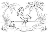 Flamingas po palme – flamingų tvenkinio spalvinimo paveiksliukas