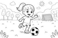 Mergaitė varosi kamuolį per aikštę – energingo futbolininko spalvinimo paveiksliukas