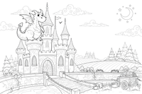 A castle with a friendly little dragon – Castle coloring page