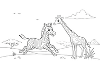 Zebras šalia žirafos – šuoliuojančio zebro spalvinimo paveiksliukas