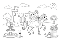 Princesės joja ant ponio – princesių karališkų akimirkų spalvinimo paveiksliukas