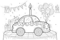 A cake shaped like a car with a candle – Birthday Cake Wishes coloring page