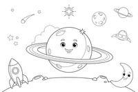 Viena didelė planeta Saturnas su plačiais žiedais aplink – Saulės sistemos planetų spalvinimo paveiksliukas