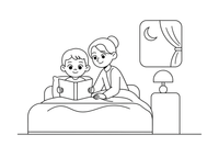 Vaikas su tėčiu ar mama skaito pasaką prieš miegą – dienos ritmo spalvinimo paveiksliukas
