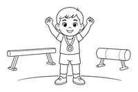 Berniukas gimnastas su medaliu ant kaklo – gimnastikos spalvinimo paveiksliukas