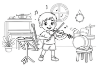 Vaikas groja smuiku – muzikos instrumentų spalvinimo paveiksliukas