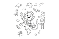Astronautas, pritvirtintas lynu, plūduriuoja kosminės stoties išorėje – kosminės technikos spalvinimo paveiksliukas