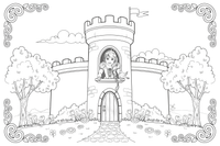 A tall castle tower with a princess leaning out and her long braid hanging down – Castle coloring page