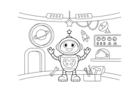 Robotas stovi kosminėje stotyje – judraus roboto spalvinimo paveiksliukas