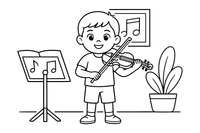 Vaikas groja smuiku – muzikos instrumentų spalvinimo paveiksliukas