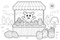 Turgaus prekystalis su pieno produktais – pieno gėrybių spalvinimo paveiksliukas
