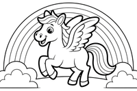 Pegasas šokčiodamas vejasi vaivorykštę – stebuklingo Pegaso skrydžio spalvinimo paveiksliukas