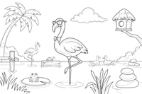 Flamingas su akiniais nuo saulės – flamingų tvenkinio spalvinimo paveiksliukas