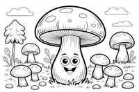 Vienas didelis grybas su apvalia kepure ir storu kotu iš arti – miško grybų spalvinimo paveiksliukas