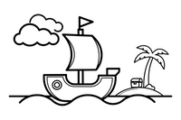 Piratų laivas plaukia lobių salos link – vandens transporto spalvinimo paveiksliukas