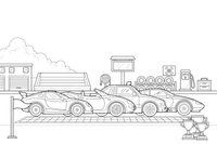 Įvairios lenktyninės transporto priemonės, išsirikiavusios prie starto linijos – sportinių automobilių spalvinimo paveiksliukas