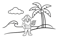 Piratas negyvenamoje saloje su palme – drąsaus pirato spalvinimo paveiksliukas