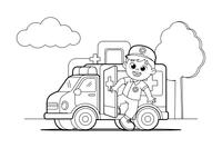 Paramedikas lipa iš greitosios pagalbos automobilio – pagalbos tarnybų mašinų spalvinimo paveiksliukas