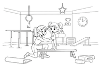 Treneris padeda jaunam gimnastui – gimnastikos spalvinimo paveiksliukas