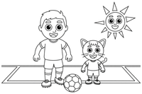 Žaidėjas ir treneris prie aikštės krašto – energingo futbolininko spalvinimo paveiksliukas