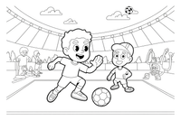 Žaidėjas ir treneris prie aikštės krašto – energingo futbolininko spalvinimo paveiksliukas
