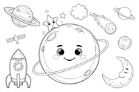 Viena didelė planeta Uranas su blankiais vertikaliais žiedais, iš arti – Saulės sistemos planetų spalvinimo paveiksliukas