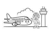 Pilotas stovi prie lėktuvo – įvairių profesijų spalvinimo paveiksliukas