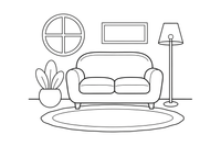 Jaukios svetainės vaizdas su sofa, lempa, kilimu ir augalu – daiktų namuose spalvinimo paveiksliukas