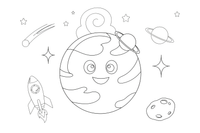 Viena didelė apvali planeta Neptūnas su keliais debesų sūkuriais, iš arti – Saulės sistemos planetų spalvinimo paveiksliukas