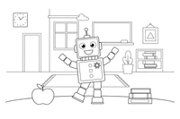 Robotas, sudėtas iš kvadratų ir stačiakampių – klasikinių formų spalvinimo paveiksliukas